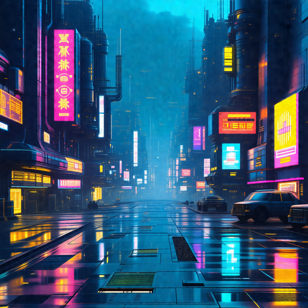 Colorful, futuristic cityscape with a rain-soaked street