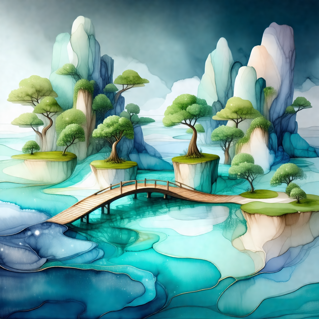 Painting of a beautiful landscape featuring a bridge over...
