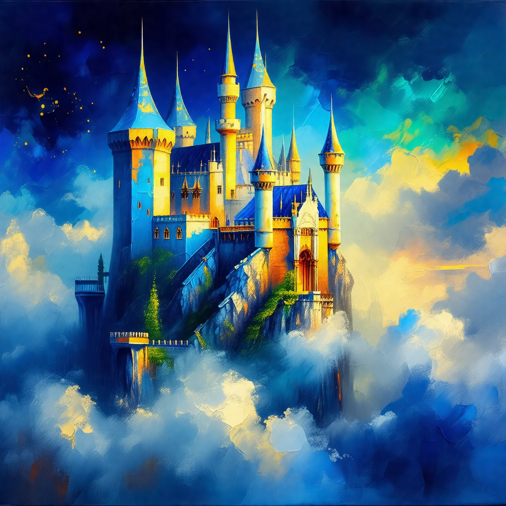 Large, majestic castle with a blue and white color scheme