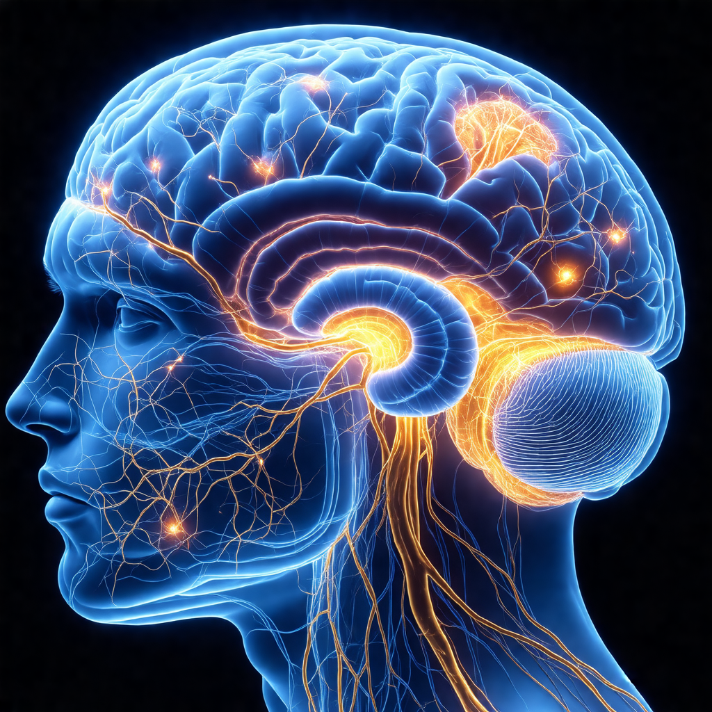 Close-up of a human head, focusing on the brain and its s...
