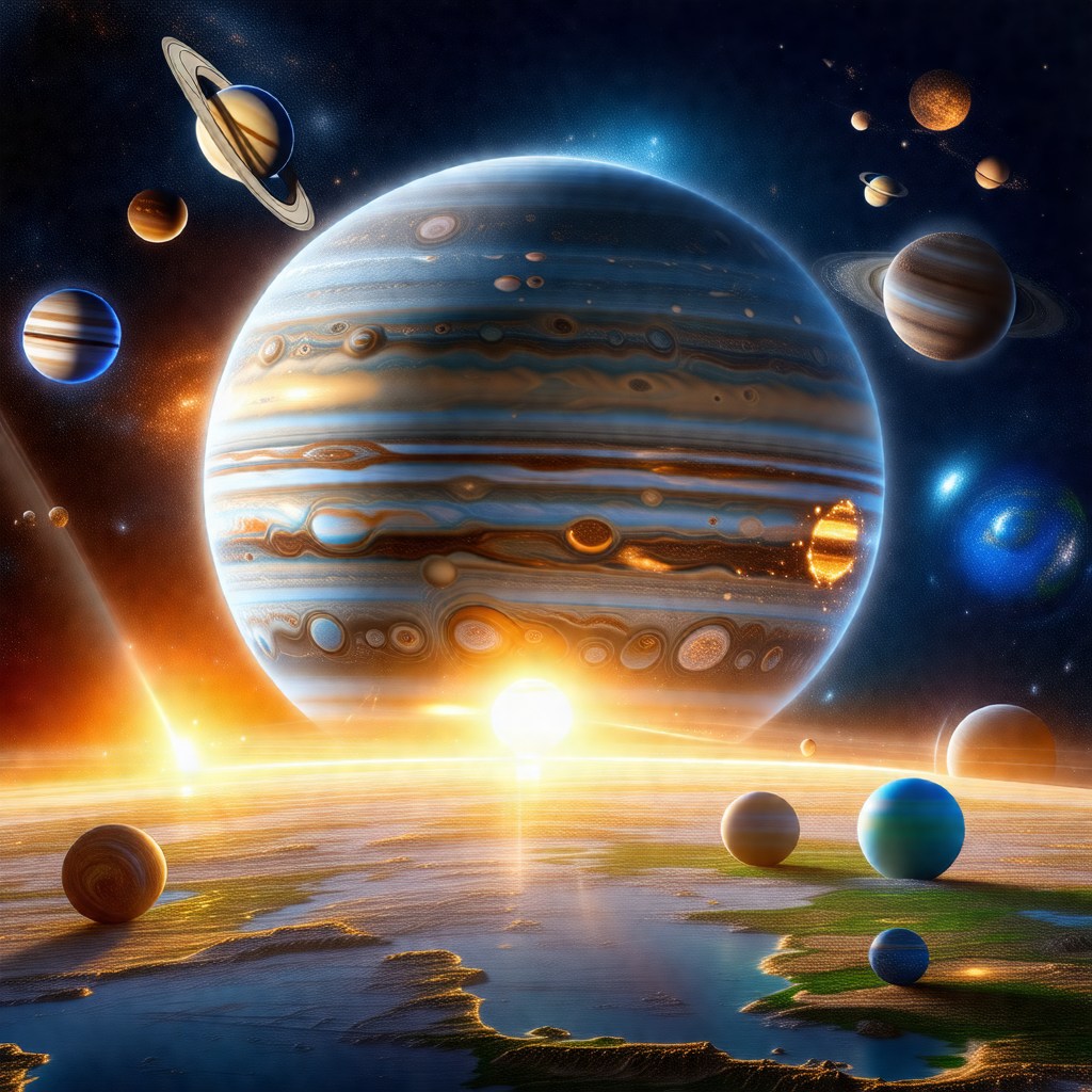 Colorful and detailed illustration of a solar system, fea...