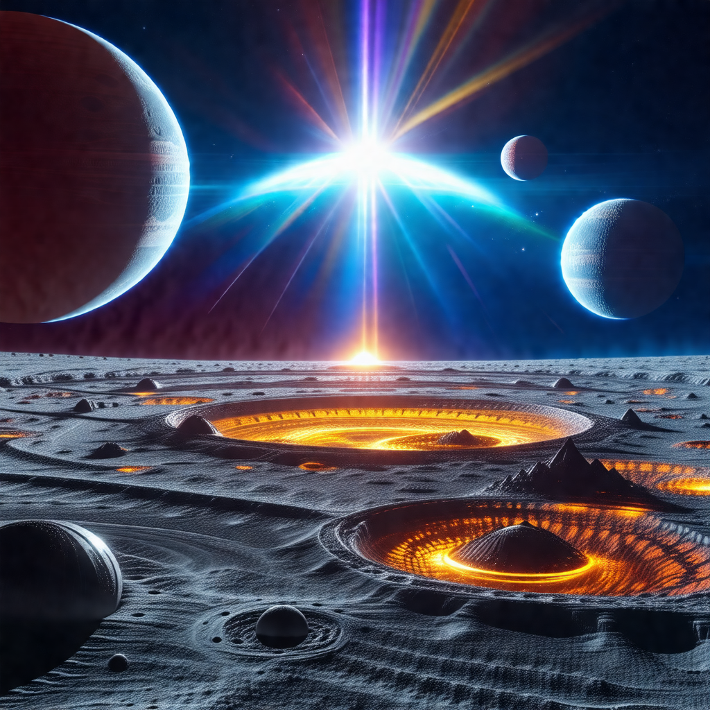 Space scene with a bright sun in the center, surrounded b...