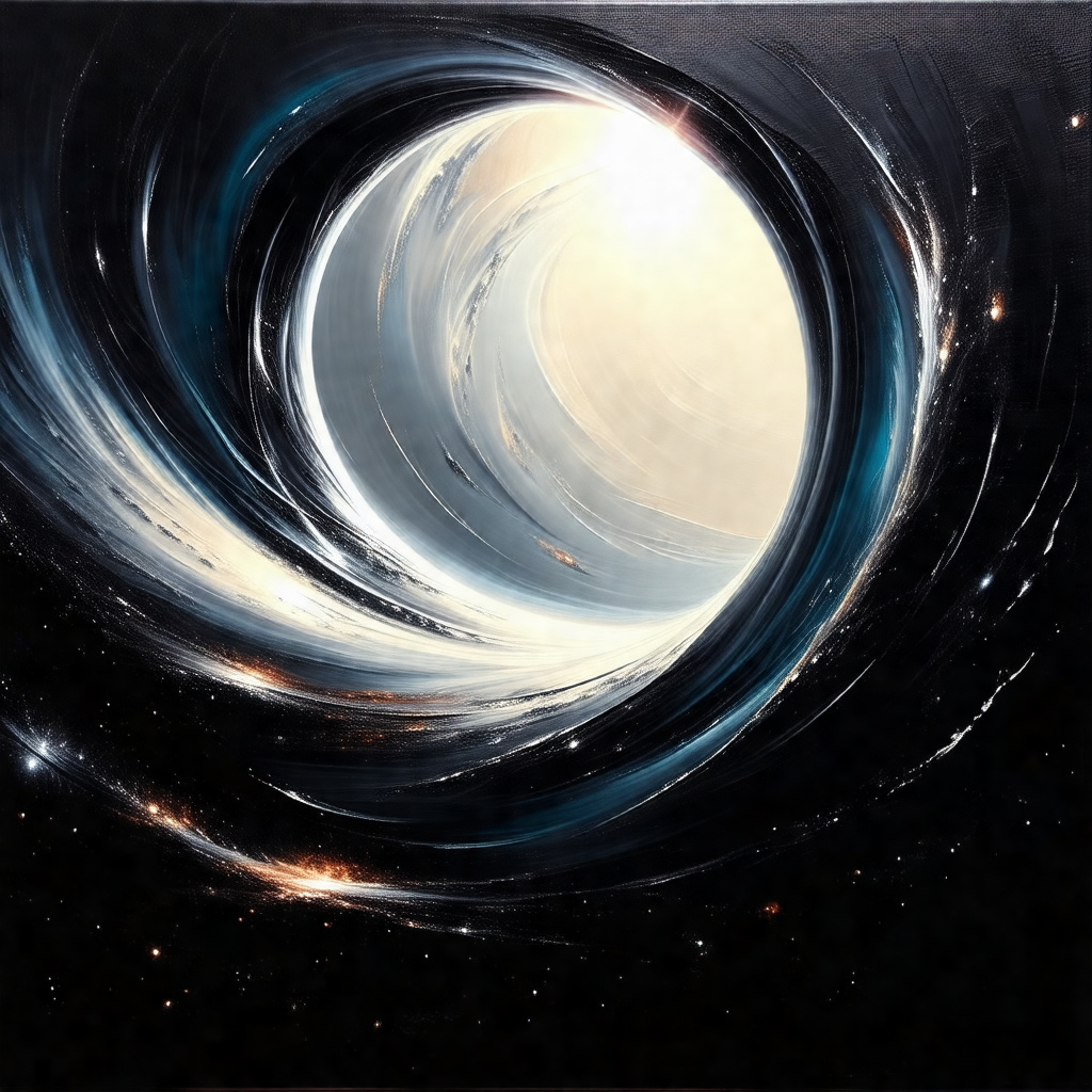Painting of a black hole, with a bright light shining out...