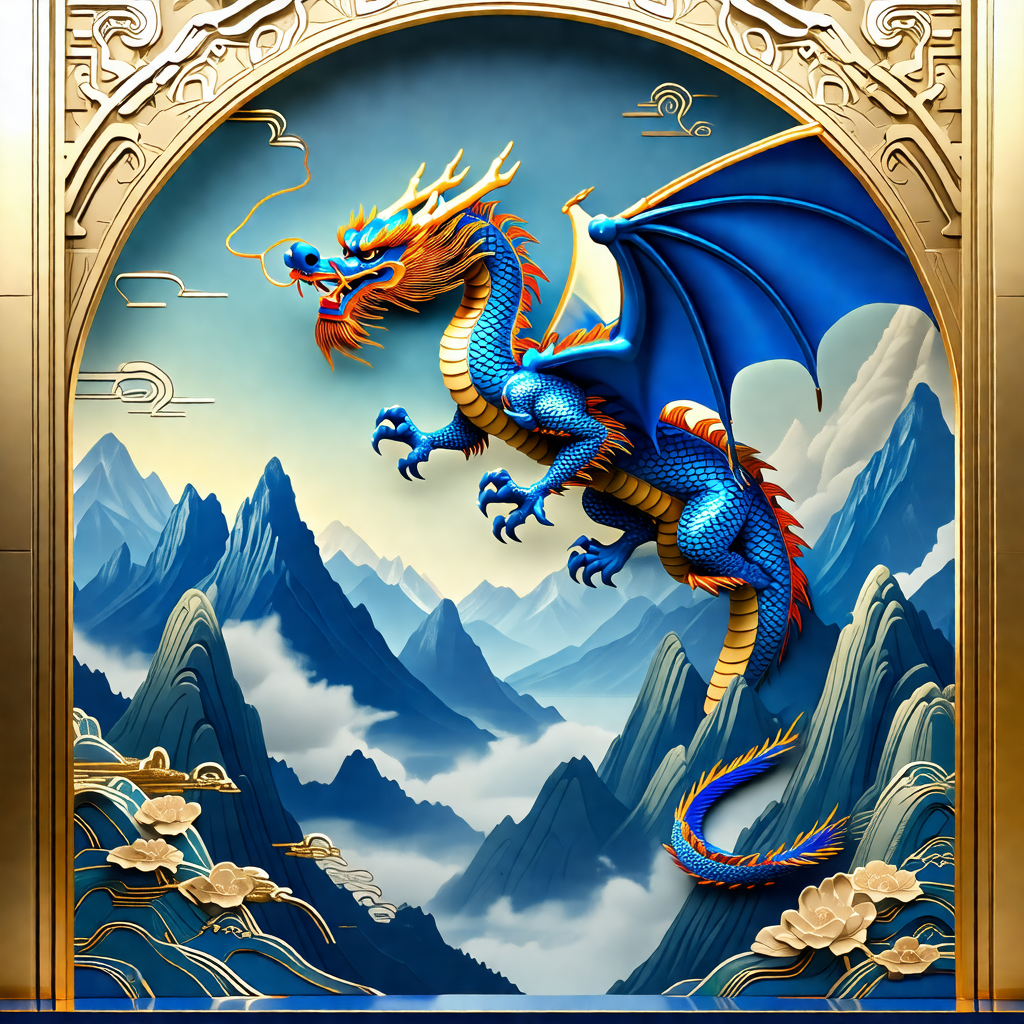 Large, colorful dragon with a blue body and orange and re...