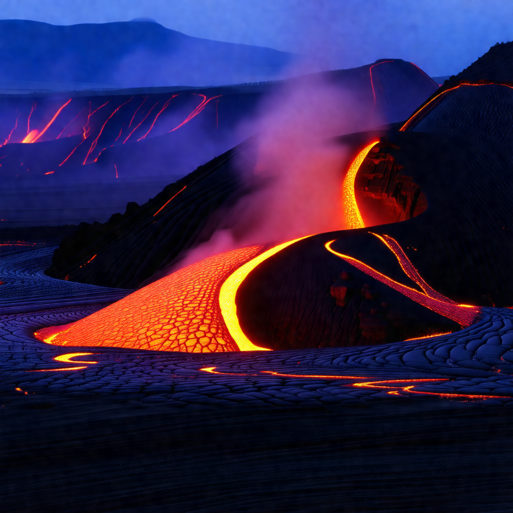 Large, red lava flow that is flowing down a hill