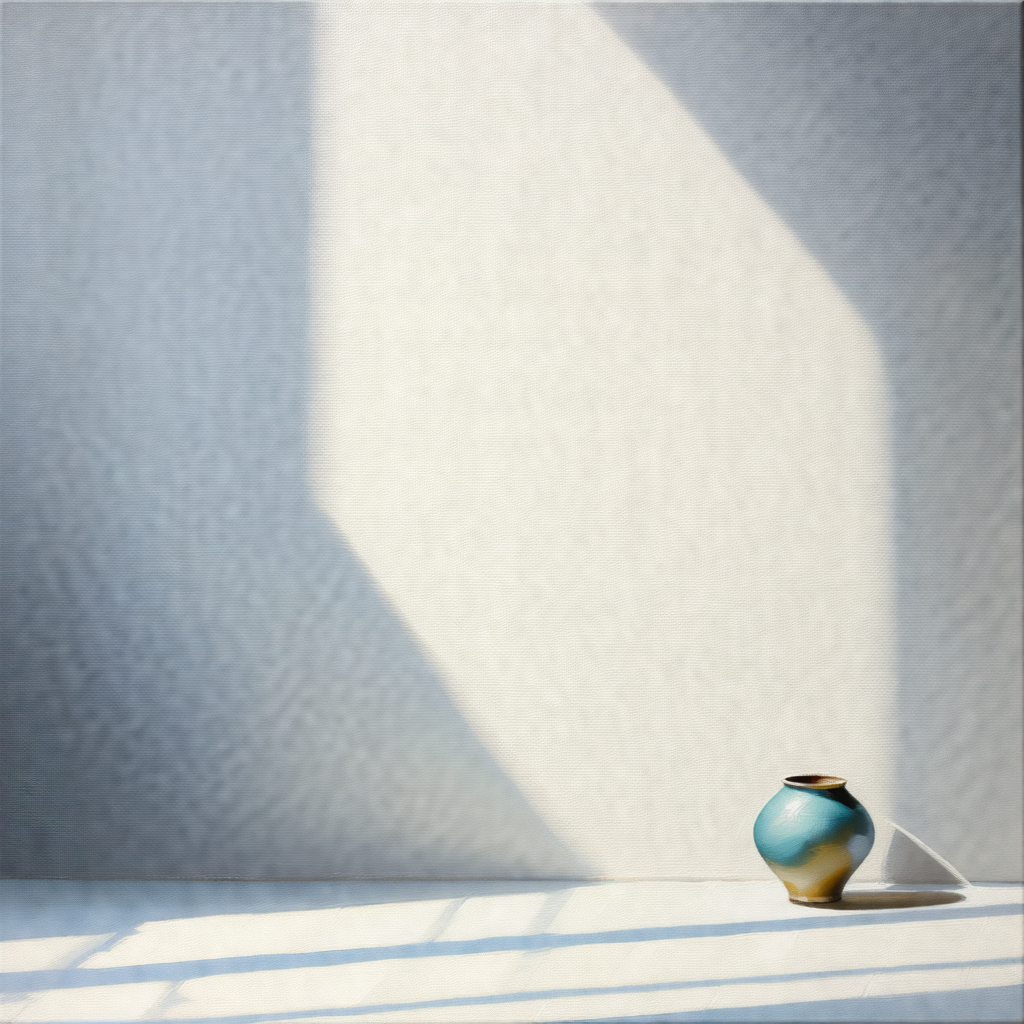White wall with a blue vase placed on a table