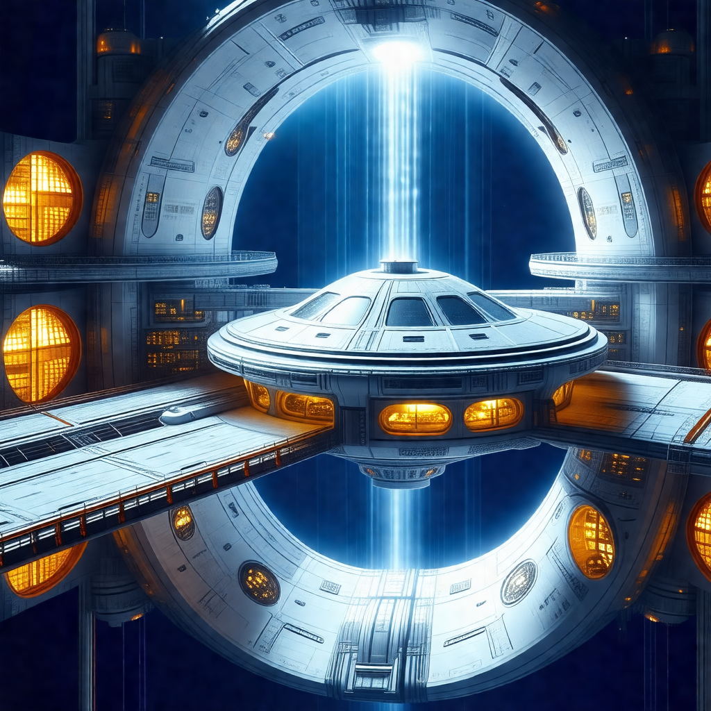 Futuristic space station with a large, round, blue struct...
