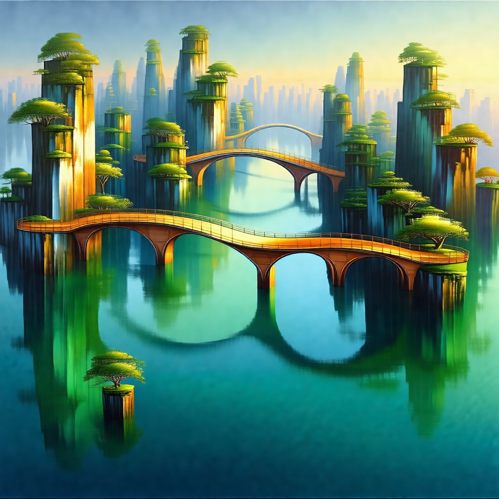 Painting of a beautiful forest with a bridge crossing ove...