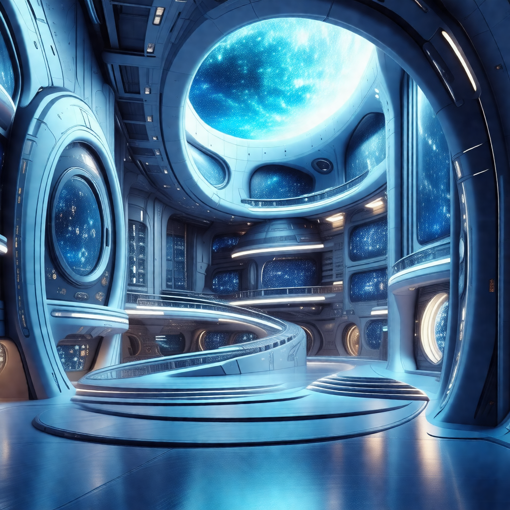 Futuristic space station with a large, round, blue dome i...