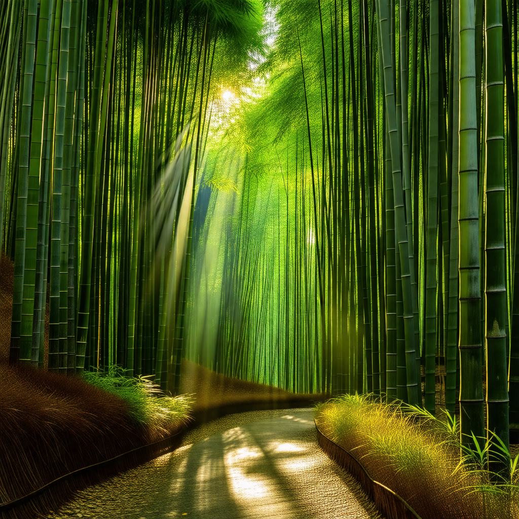 Pathway surrounded by a forest of tall, slender bamboo trees
