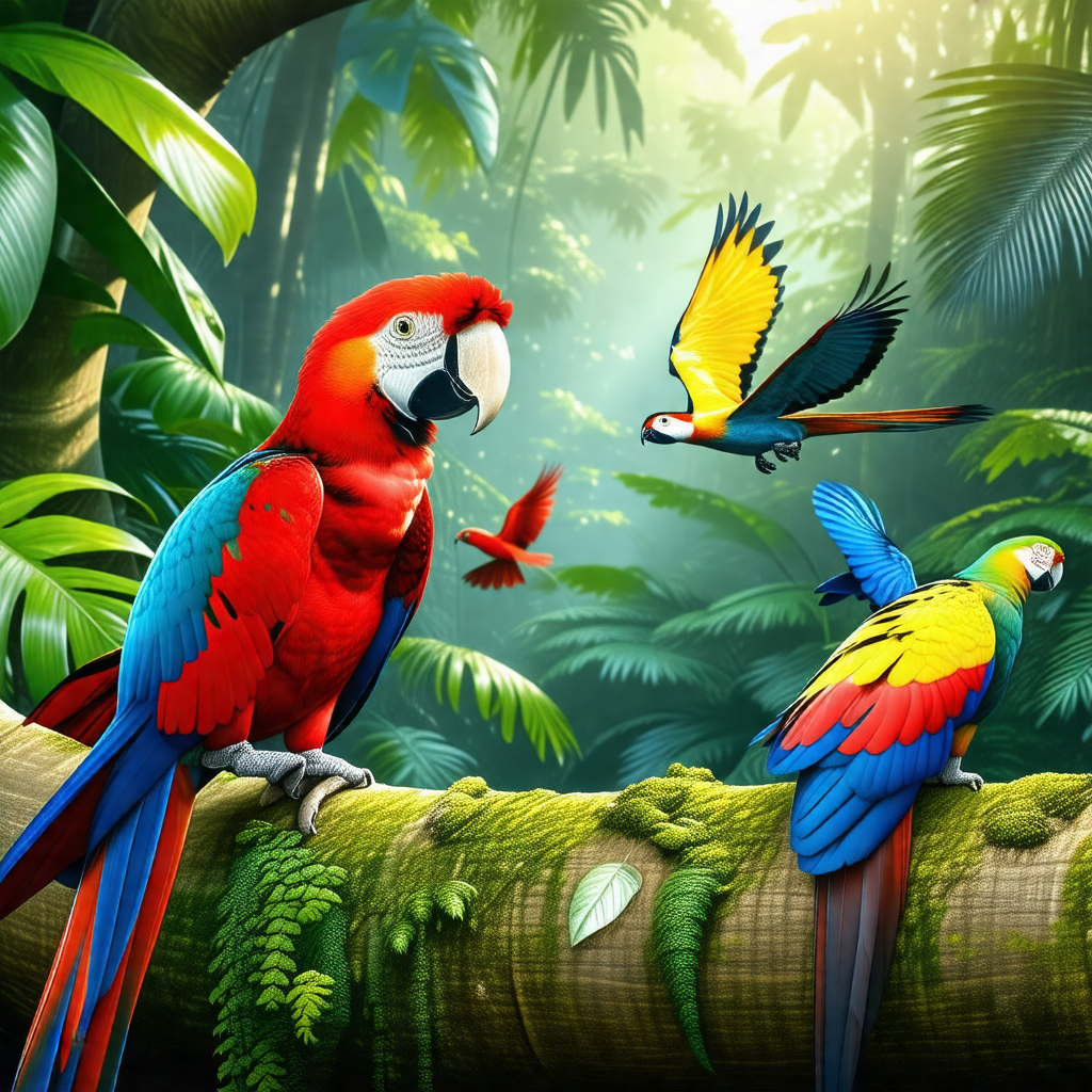 Lush green forest with a variety of birds perched on trees