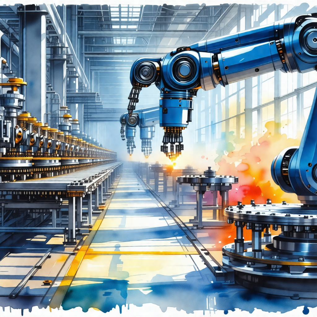 Painting of a factory with a large blue robotic arm