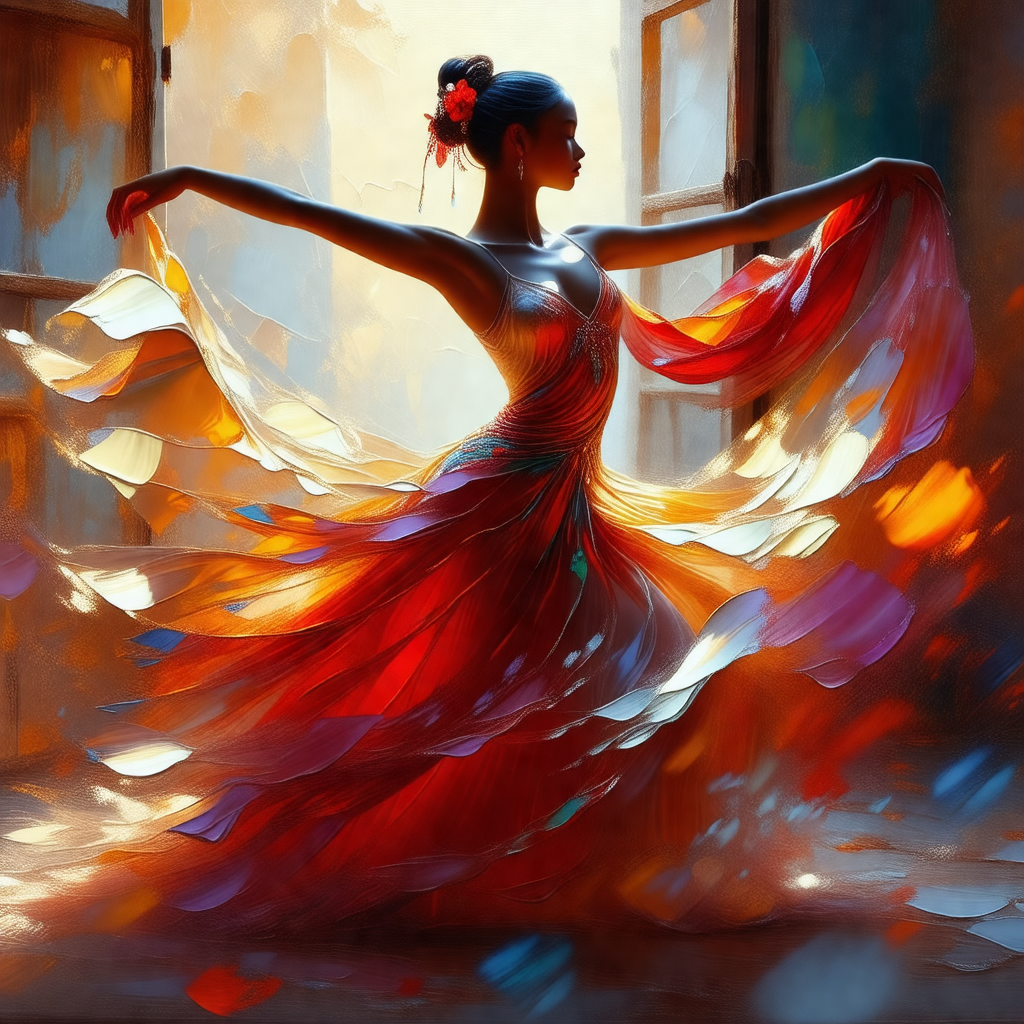 Woman in a red dress, dancing in a room with a window