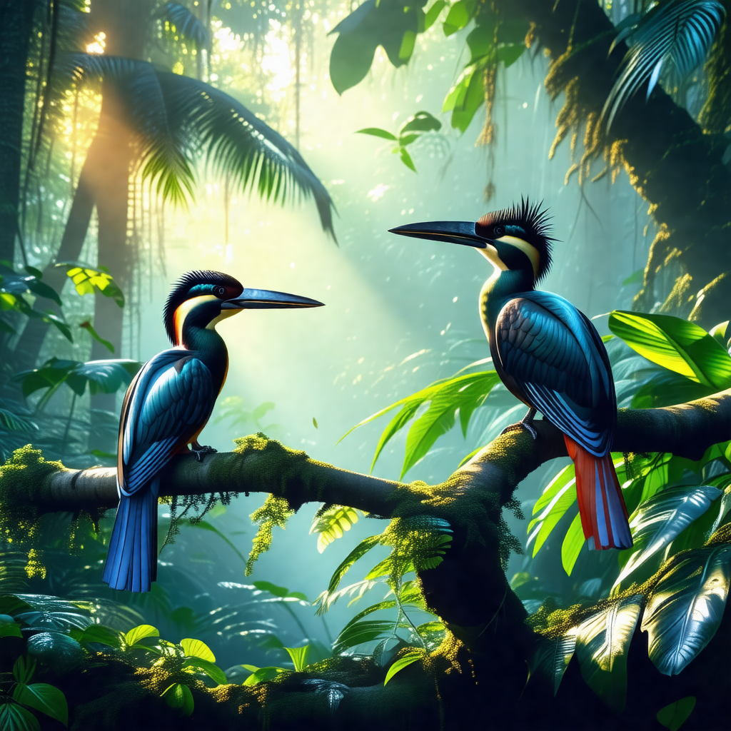 Two birds perched on a tree branch in a lush green forest
