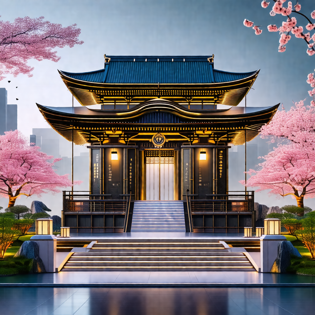 Large, ornate building with a distinctive asian architect...