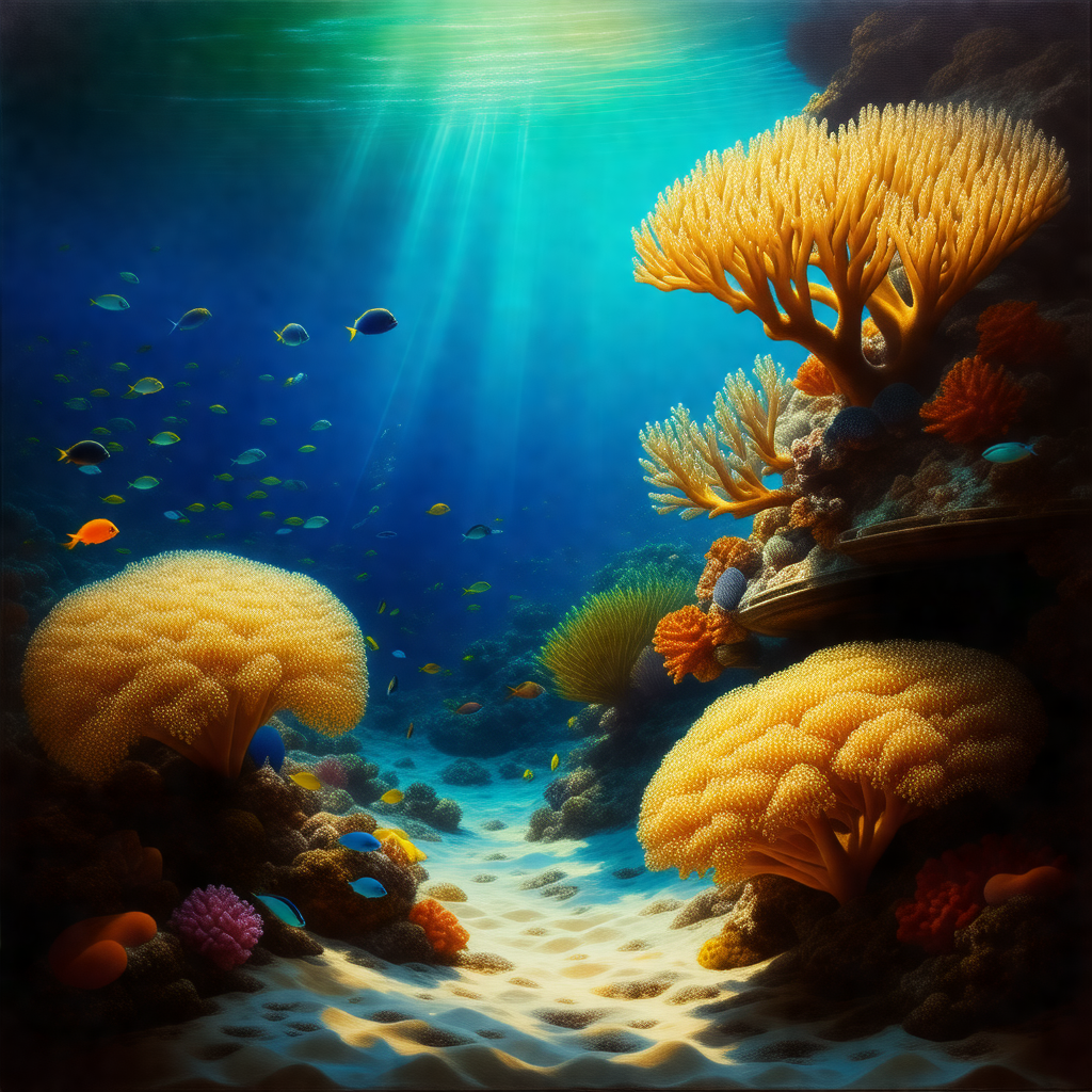 Painting of a vibrant underwater scene, featuring a varie...