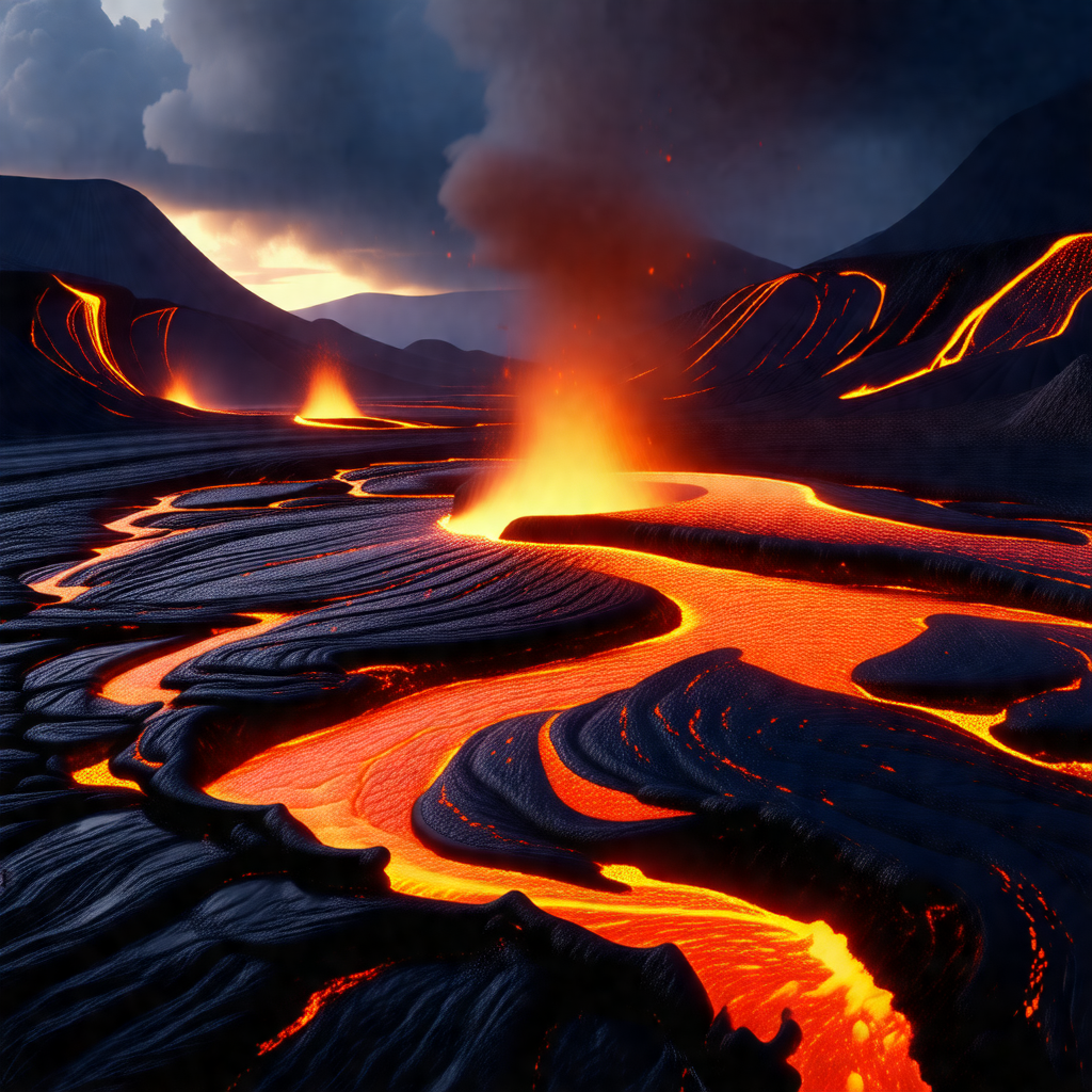 Volcanic landscape with a river of lava flowing through it