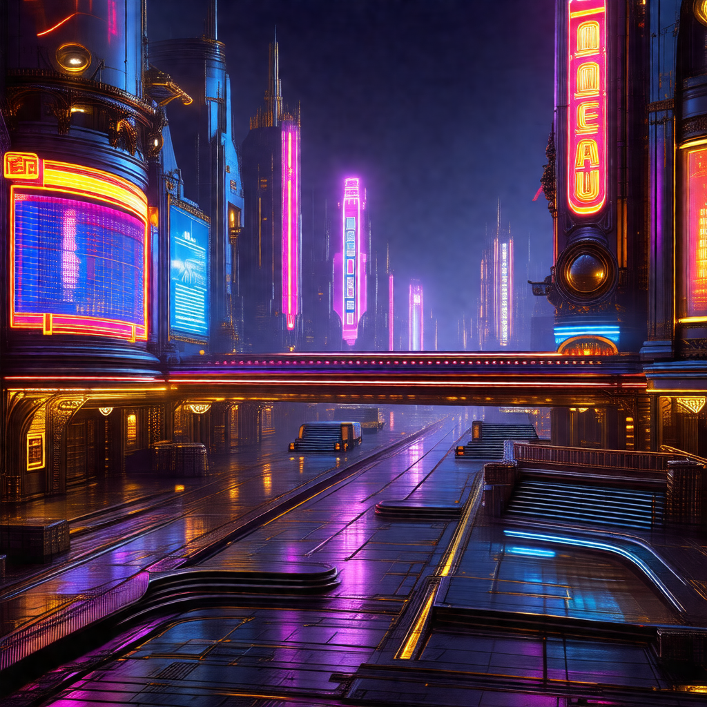 Futuristic cityscape with a large, illuminated building i...