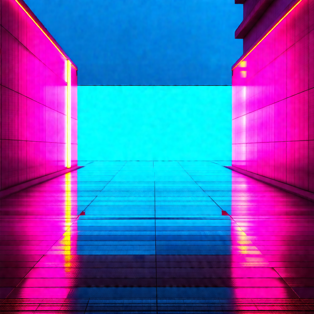 Long, narrow hallway with a blue and pink color scheme