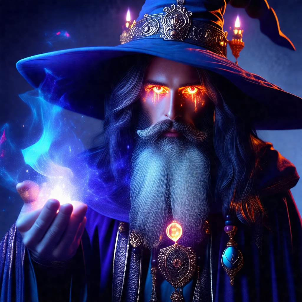 Man dressed in a blue wizard's outfit, complete with a bl...