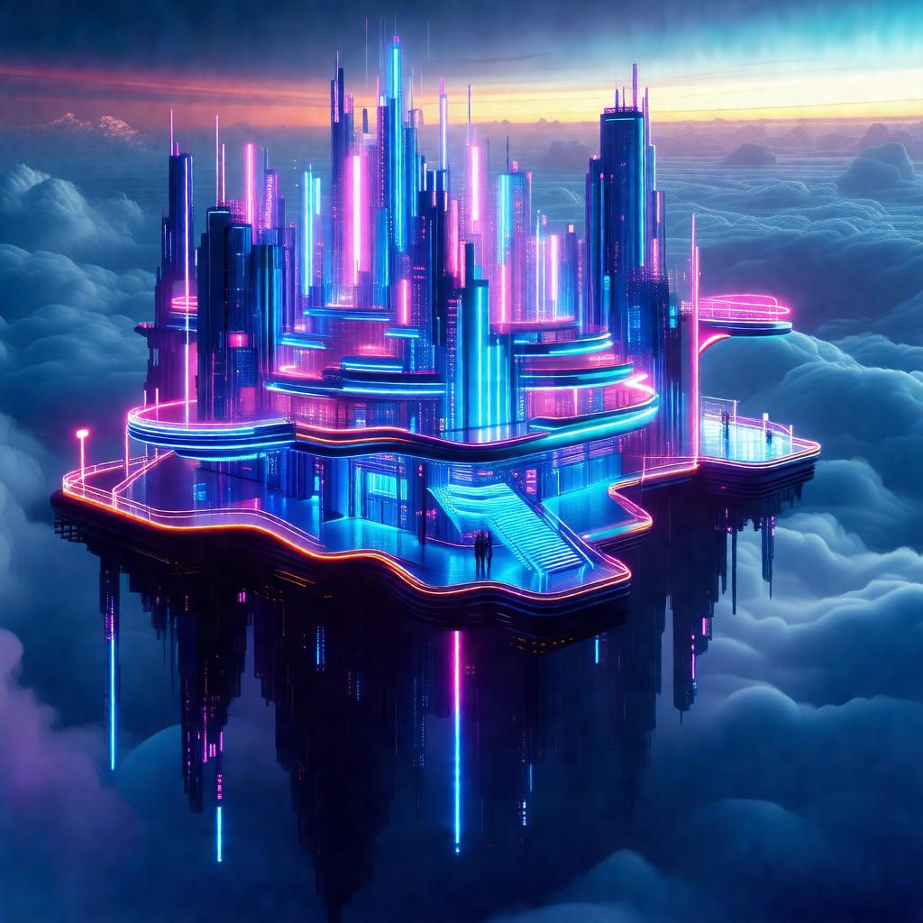 Futuristic cityscape with a large, colorful building in t...