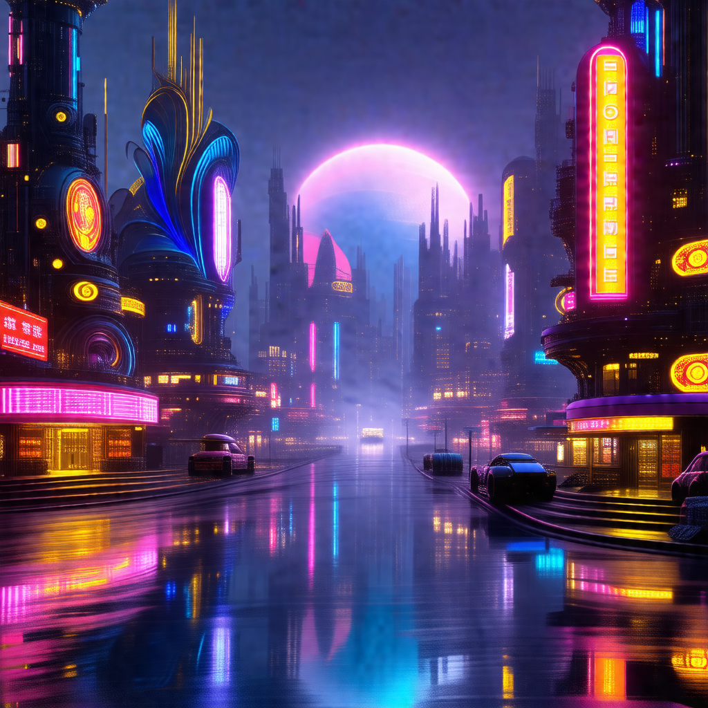 Futuristic cityscape with a large, illuminated building i...