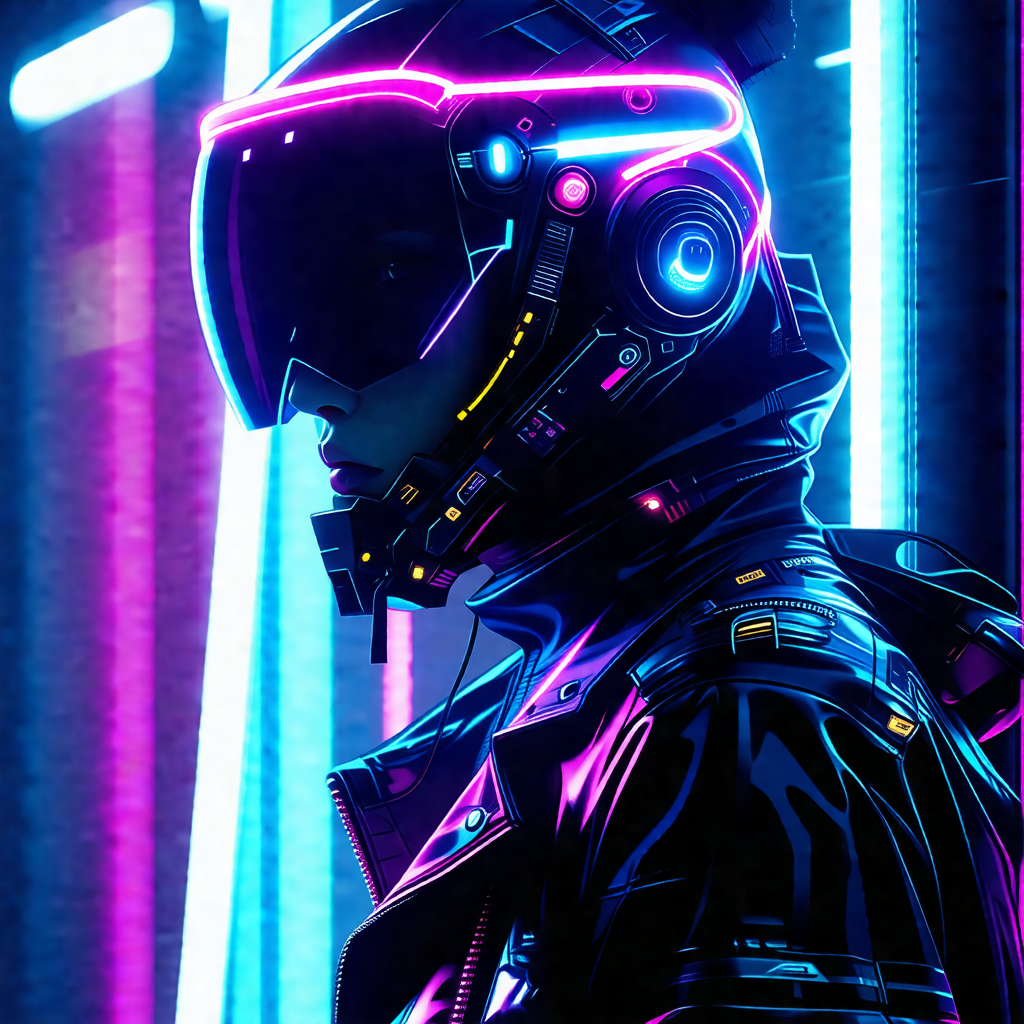 Futuristic scene with a person wearing a black leather ja...