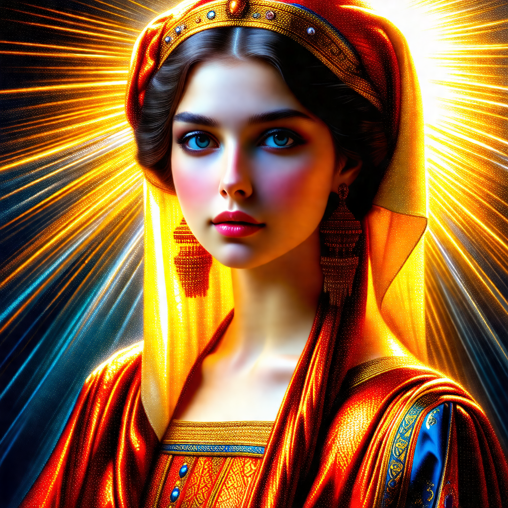 Beautiful woman wearing a gold and orange dress, with a c...