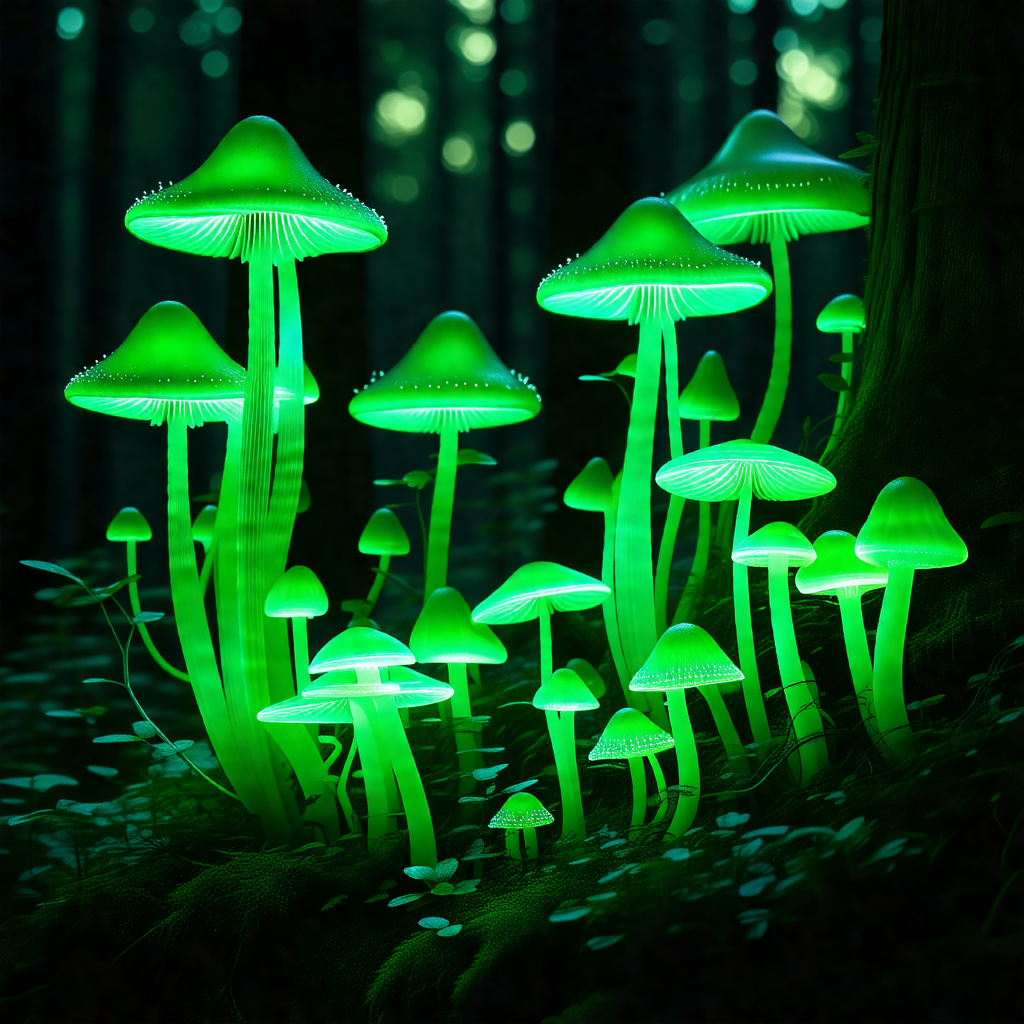 Forest with a group of glowing mushrooms scattered throug...