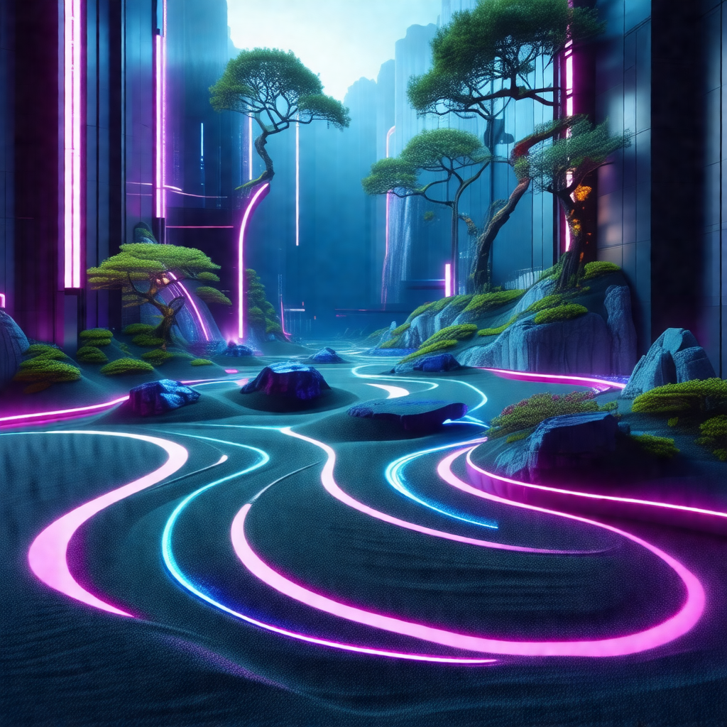 Futuristic, computer-generated scene featuring a river wi...