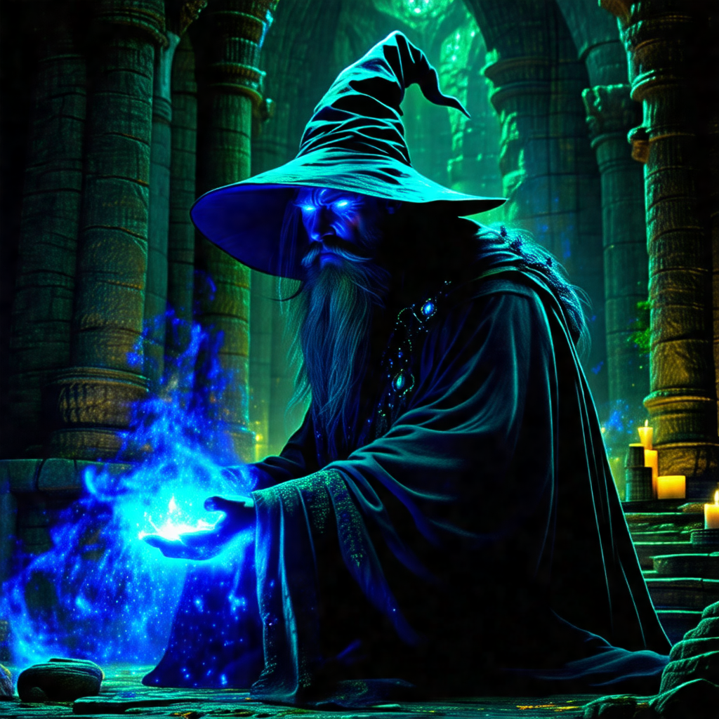 Wizard dressed in a black robe, sitting on a stone floor