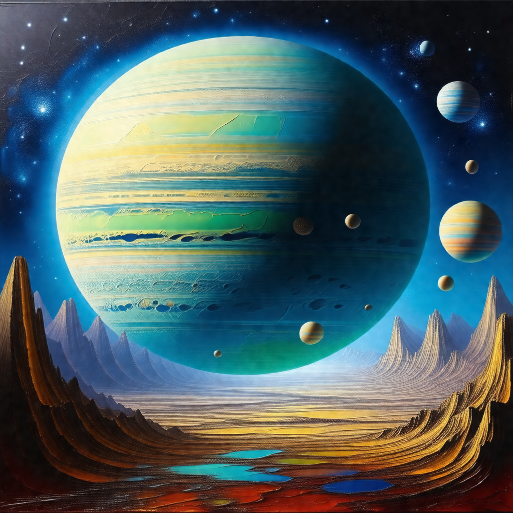 Painting of a planet with a large blue planet in the cent...