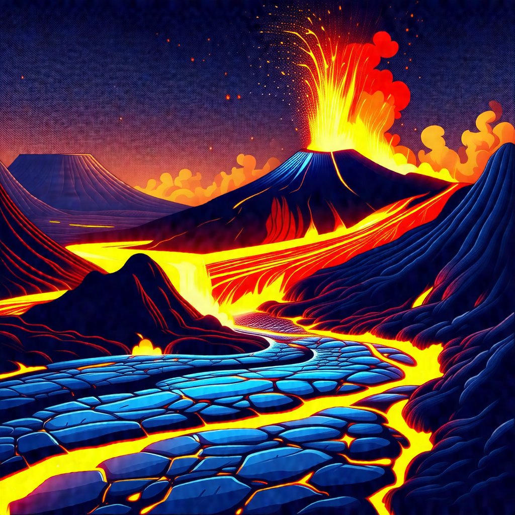 Volcanic eruption in a mountainous area, with lava flowin...