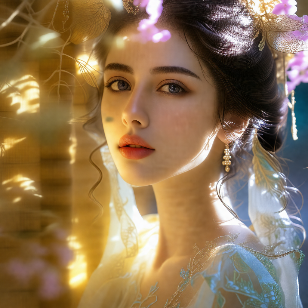 Beautiful young woman with long hair, wearing a white dress