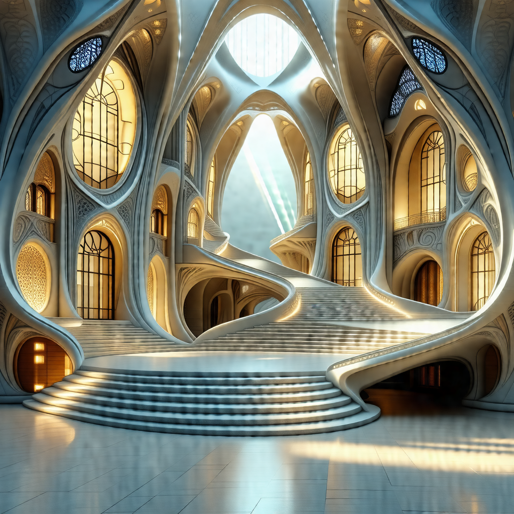 Large, modern building with a spiral staircase that leads...