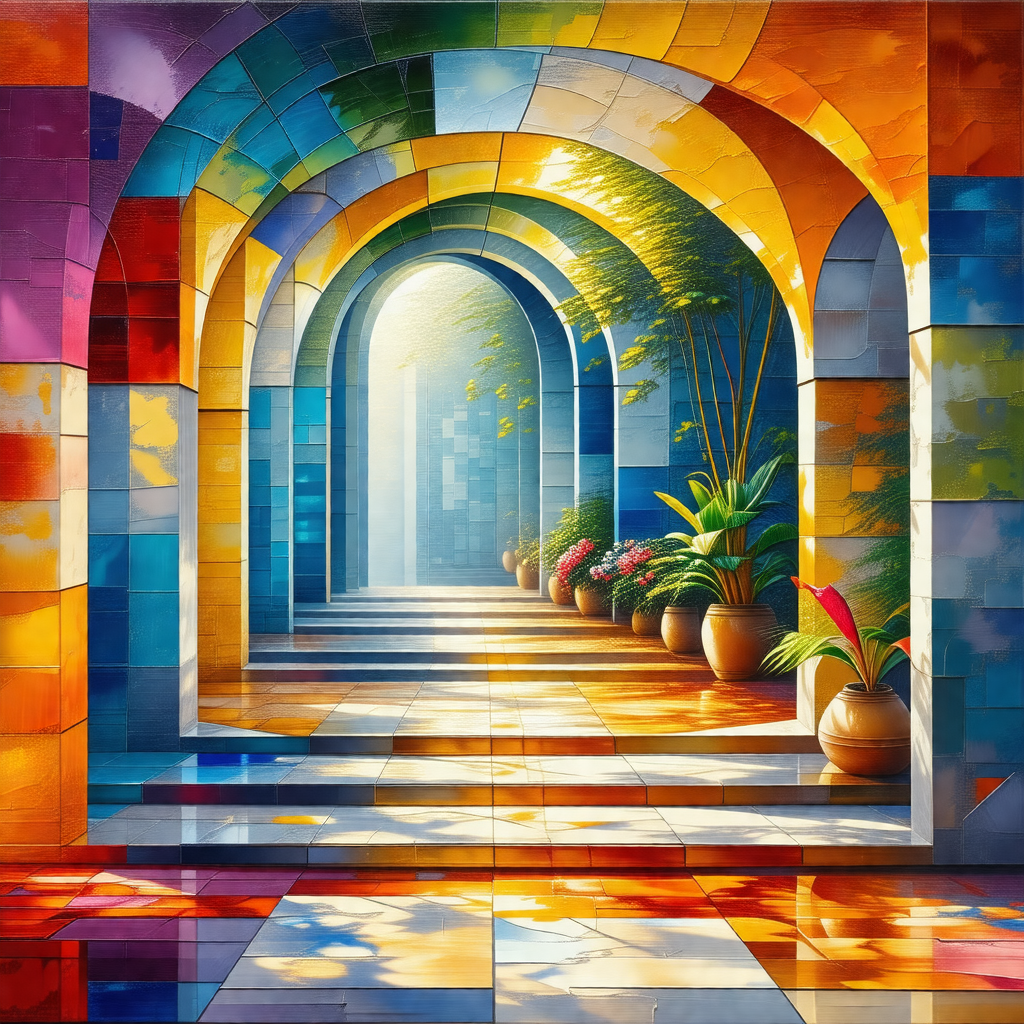 Beautifully painted mosaic of a hallway with a colorful a...