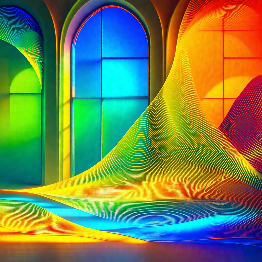 Large, colorful sculpture of a curtain, which is located ...
