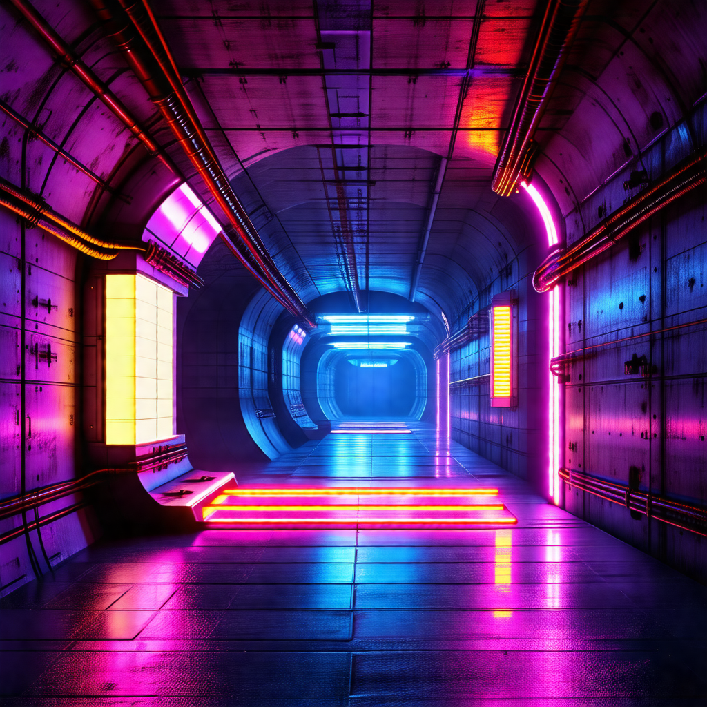 Futuristic scene of a long, narrow hallway with a blue an...