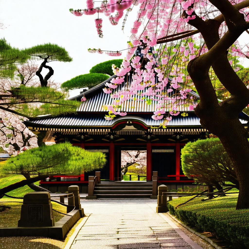Beautiful japanese garden with a red building in the back...