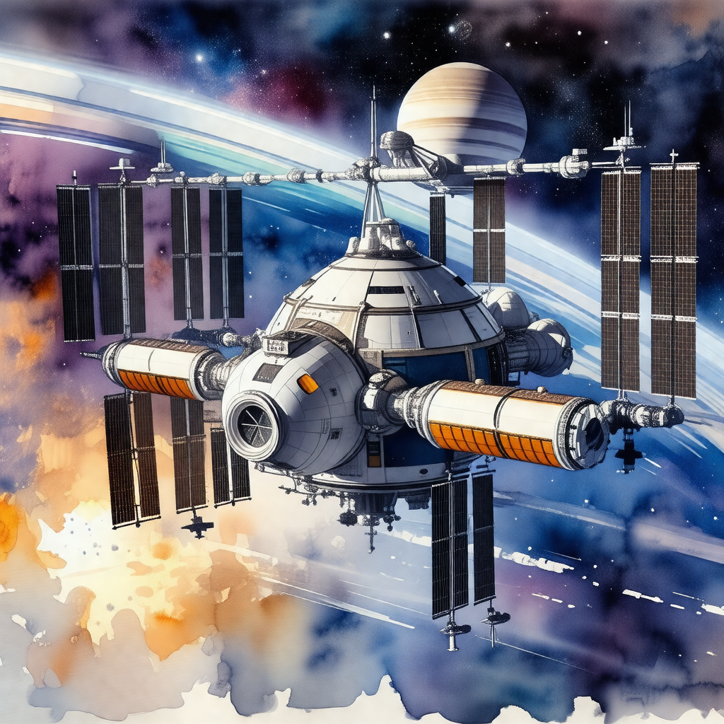 Painting of a space shuttle, which is a large and complex...