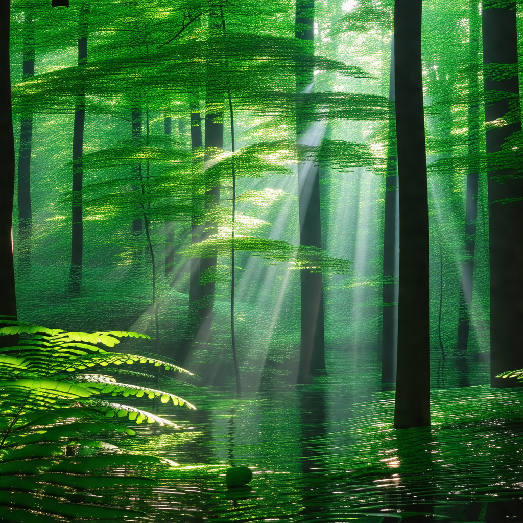 Serene forest scene with a sunbeam shining through the trees