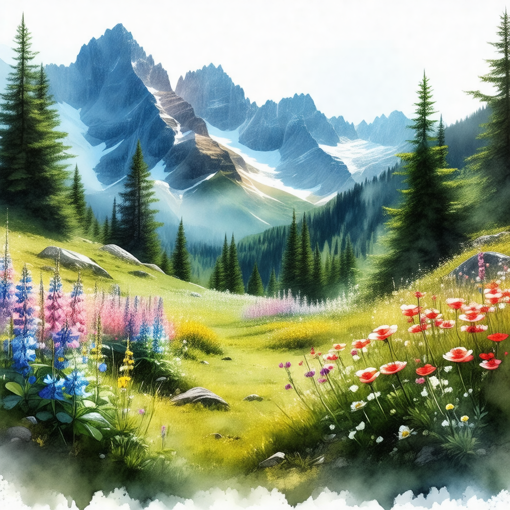 Beautiful, lush green field with a mountain range in the ...