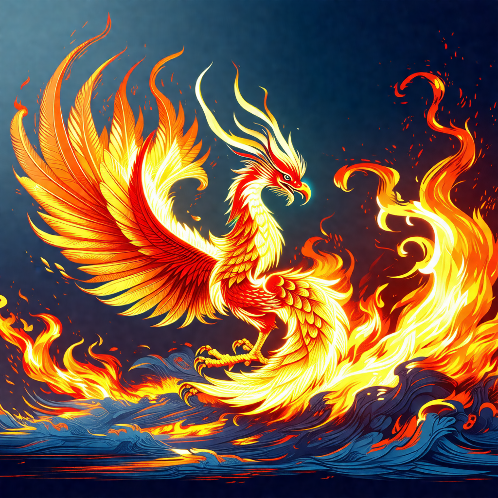 Large, colorful dragon with a fiery mane, standing on a b...