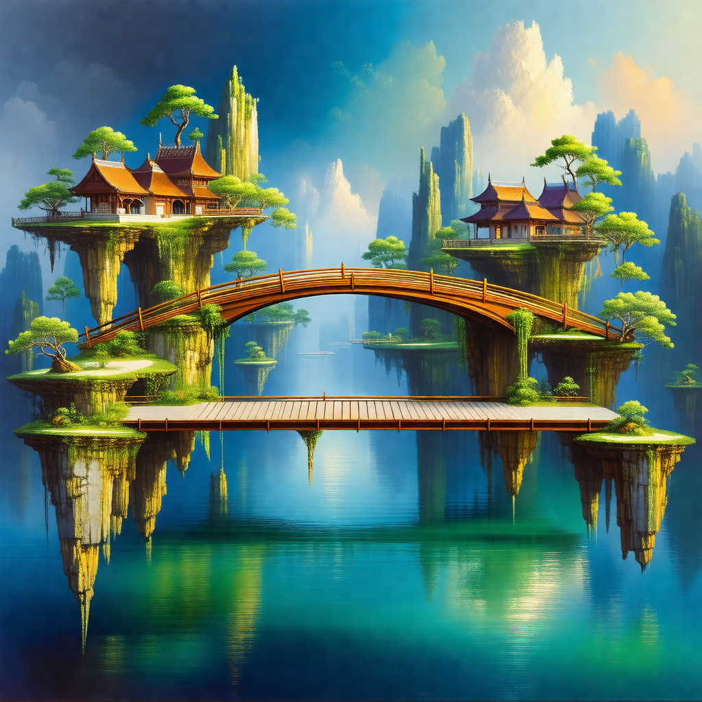 Beautifully painted scene of a bridge crossing a body of ...