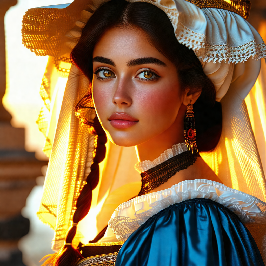 Woman wearing a blue dress and a white hat