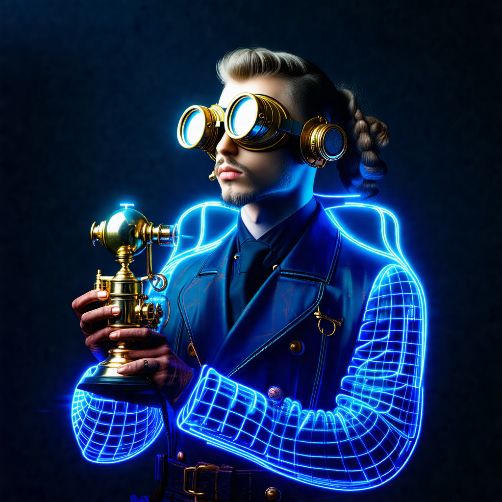 Man wearing a blue jacket and holding a gold-colored obje...