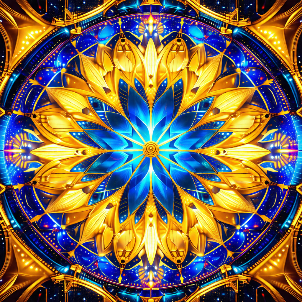 Large, colorful, and intricate blue and gold flower design