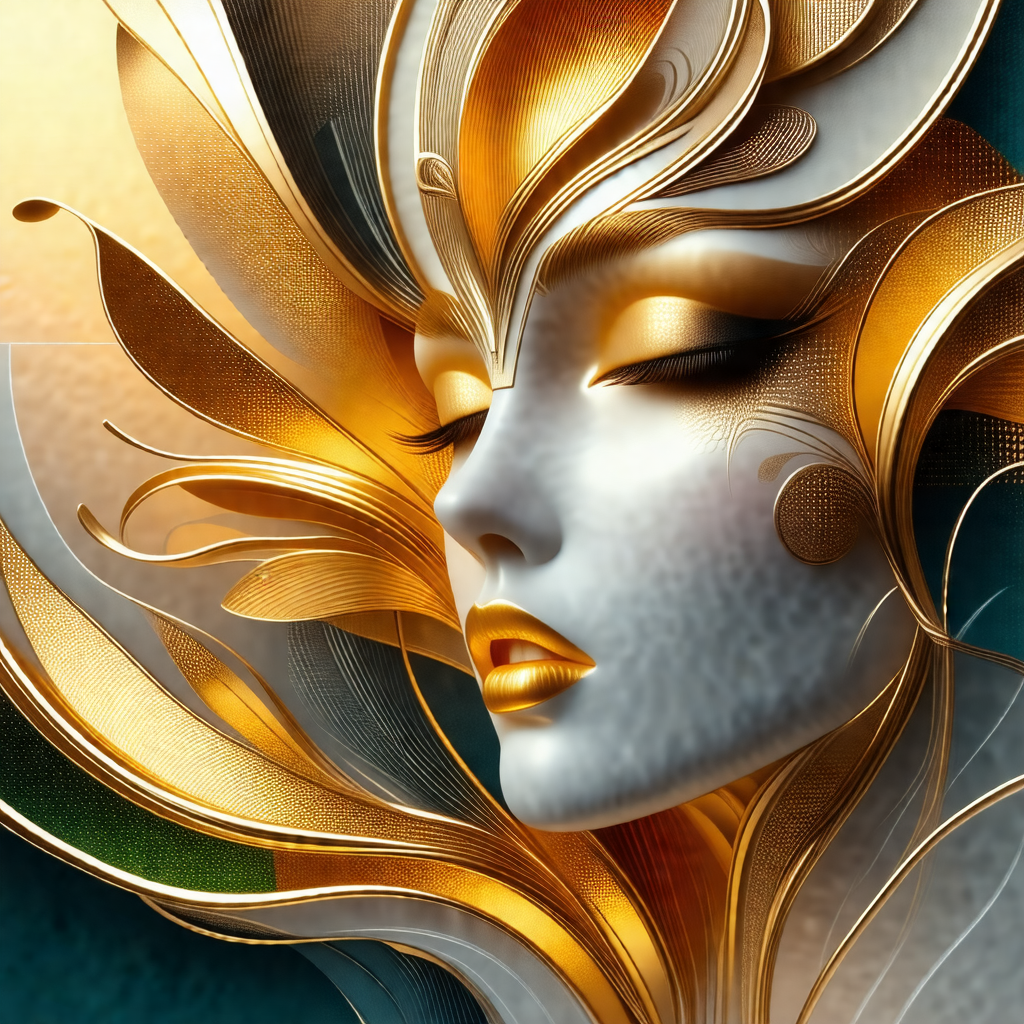 Woman with a gold and white face, wearing a gold crown