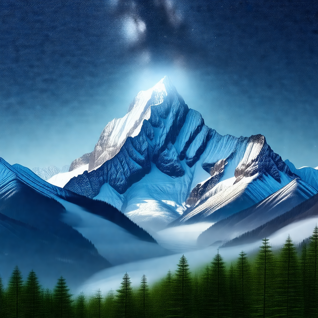 Majestic mountain with a snow-covered peak, towering over...