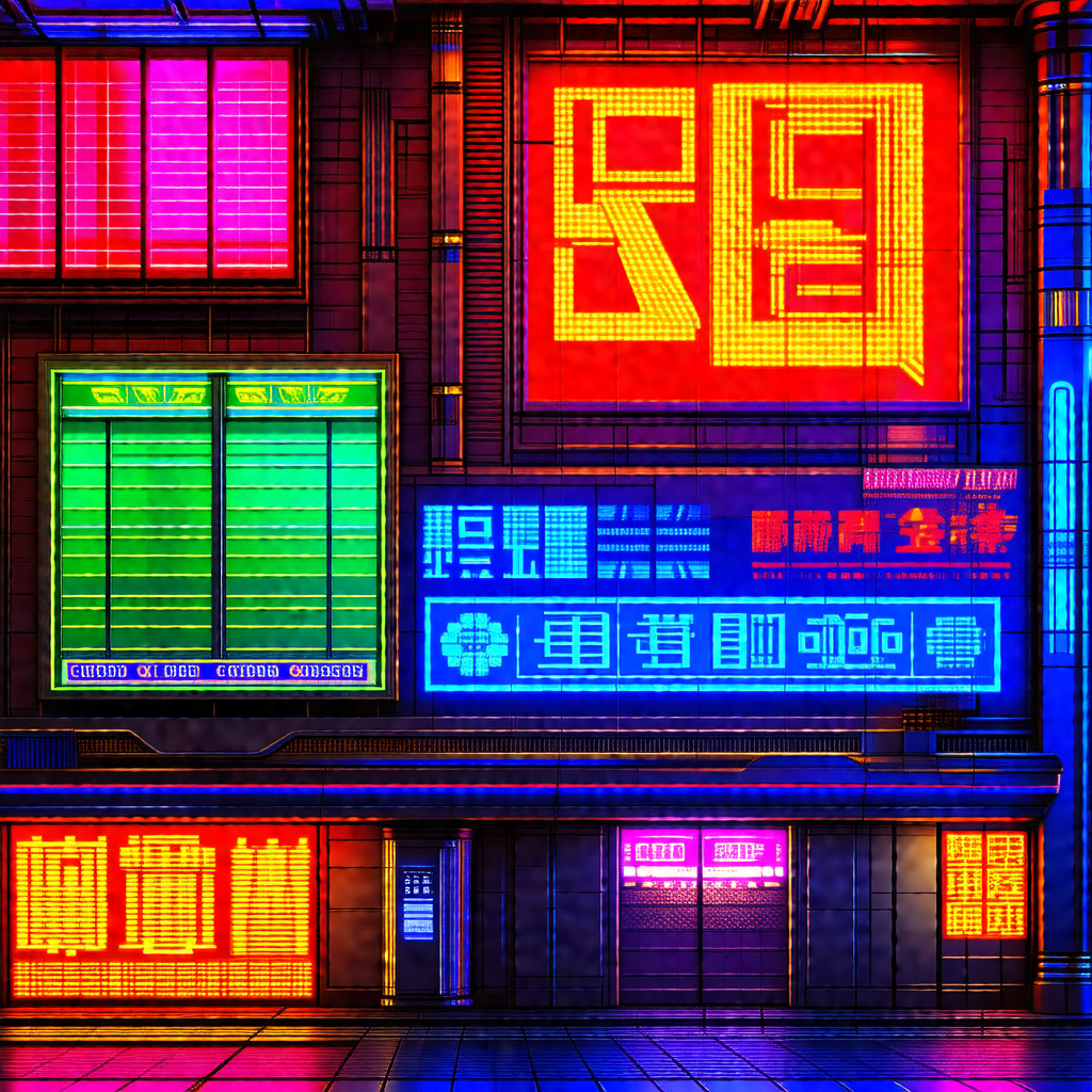 Colorful, futuristic cityscape with a large building feat...